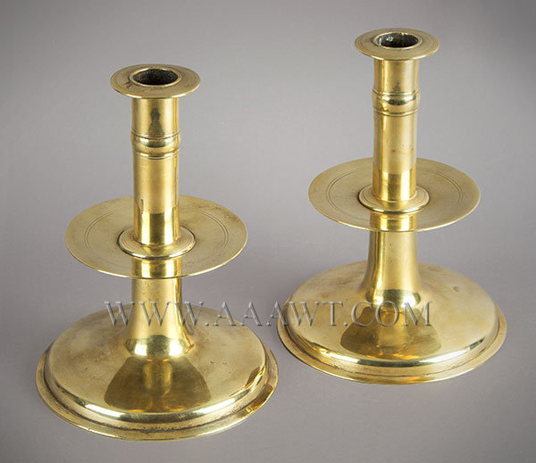 Candlesticks, Pair, Brass Trumpet Mid Drip, Fine and Rare, Graceful and Elegant
England, Circa 1640 to 1660, entire view